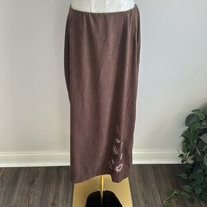 VTG Women’s Plus Size Brown Floral Embroidery Cottagecore Maxi Stretch Skirt 14‎